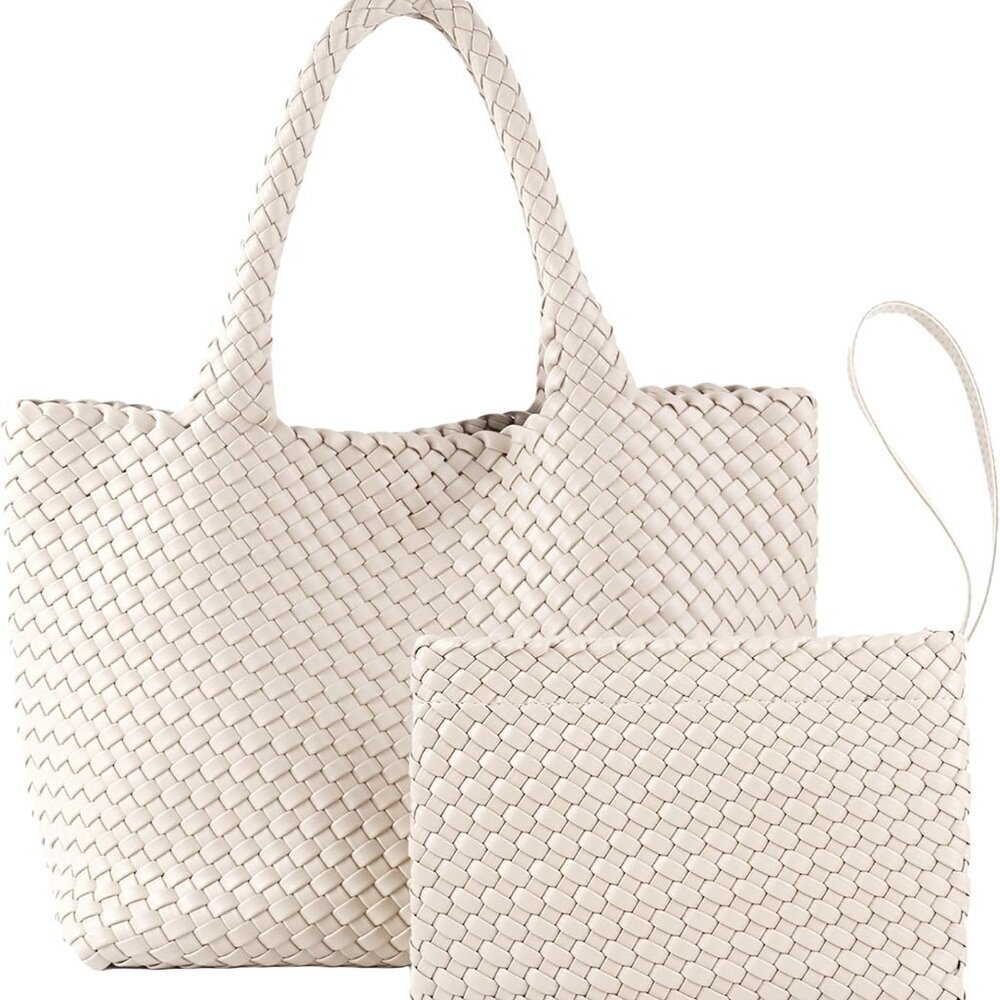 Woven Tote Bag for Women, Vegan Leather Beach Bags with Small Purse, Large Trave
